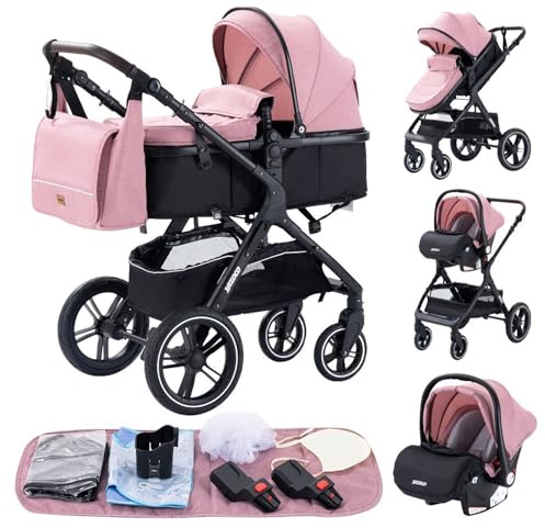 GLOKID Carrito bebé 3 en 1, Carro, Carrito bebé 3 Piezas, Silla Paseo, Sistema de viaje, Plegable, neumáticos de caucho, Con accesorios, Góndola, Adaptateurs, 25 kg (X1 Rosa)…