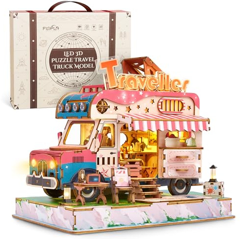 FUNPOLA 3D Holzpuzzle Reise Truck Modell - DIY Miniatur Abenteuer LKW-Bausatz mit LED-Leuchten - kreatives Geschenk für Erwachsene (14+)