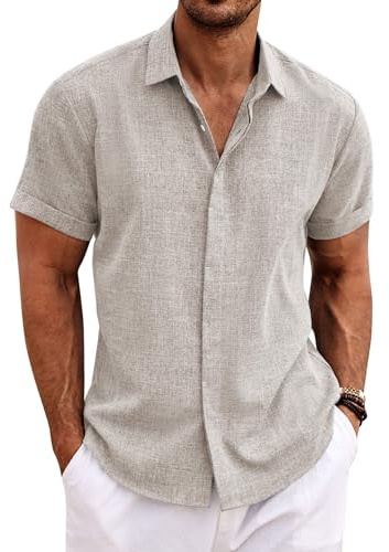 COOFANDY linneskjorta herr kortärmad skjorta button down regular fit fritidsskjorta sommar strand linne skjorta, Champagneglas, XL