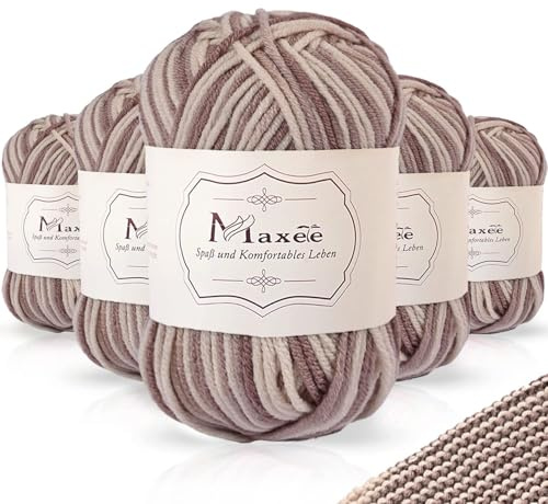 Maxee Handstrickgarn, 5x50 g Häkelgarn, Bunt Farbverlauf Acrylgarn zum Stricken, Weicher Wolle zum Häkeln, Mehrfarbiges Garn zum Stricken Häkeln und Basteln