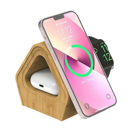 Ainiupi 【Bambus Kabellose Ladestation】3-in-1 Ladeständer mit Bambus-Kabinen-Stil für Phone 16, 15, 14, 13, 12 Serie, Watch 10-2, Ultra, für AirPods 4-2, Pro Fast Wireless Charger