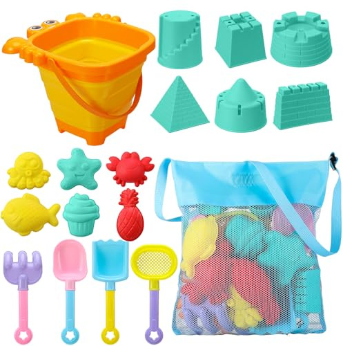 18 Pcs Collapsible Bucket and Spade Beach Set Beach Toys Kids Sand Pit Toys With Mesh Bag For Kids Sand Summer Party