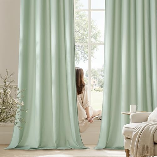 PONY DANCE Non-See-Through Sage Green Voile Curtains - 52 x 84 Inches Semi Sheer Panels for Living Room/Bedroom Privacy Protection, Super Soft Translucent Light Filtering Net Curtains, Set of 2