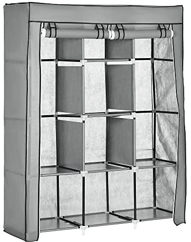 HOMCOM Fabric Wardrobe, Portable Wardrobe, Clothes Storage Unit with 8 Shelves, 2 Hanging Rods, 125 x 43 x 162.5 cm, Light Grey
