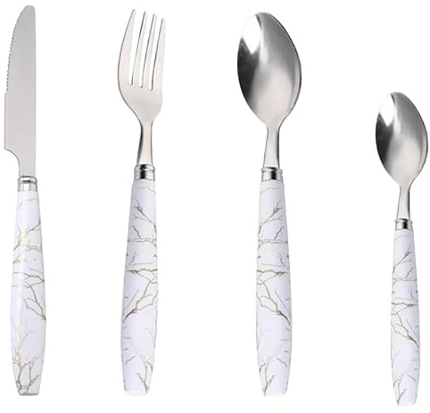Reldor 24-Piece Marble Handle Cutlery Set – Black Stainless Steel Flatware Set with Knife, Fork, Spoon – Elegant Kitchen Silverware Tableware for Home, Steak, Coffee, or Restaurant Use (White)