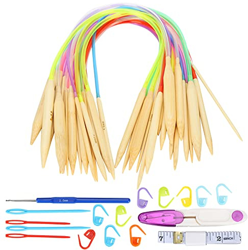 Fdit Rundstickor Set, 18 St Bambu Rundstickor med Tillbehörssats i 2,0-10 Mm 40-120 Cm för Halsdukar Tröjor Hantverk (40 cm)