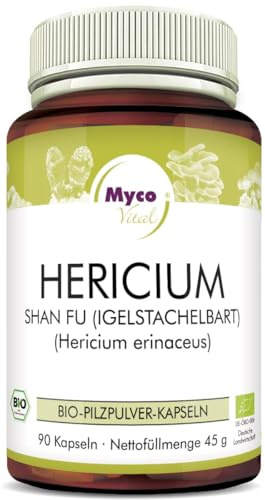 Hericium Pulver | 90 Pilz-Kapseln je 500mg Pulver | Superfood 100% vegan BIO Hericium