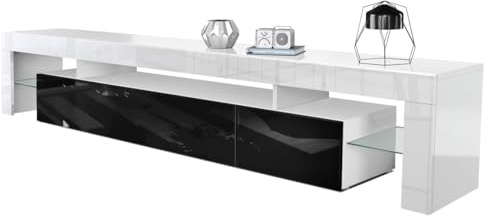 Vladon Lima V2 Lowboard, TV Unit with 2 Drop-Down Doors, 1 Open Compartment and 2 Glass Shelves, White High Gloss/Black High Gloss (189 x 38 x 35 cm)