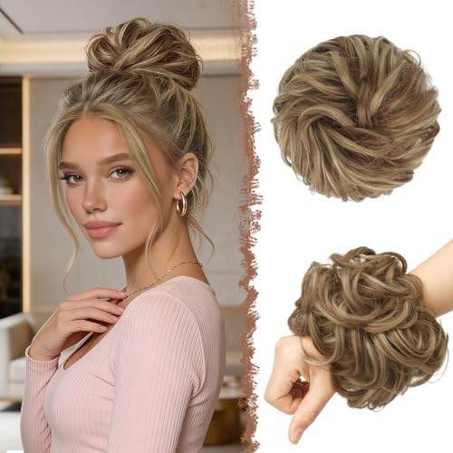 FESHFEN Moños Postizos, Natural Rizado Ondulado Postizo Moño Sintético Extensiones de Cabello Pelo Desordenado Coleta Postiza para Mujer 55g, Marrón & Rubio