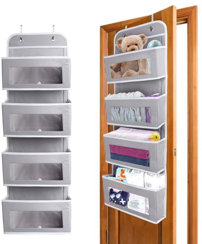 ManGotree 4 Pockets Over Door Storage Organiser with PVC Windows Grey