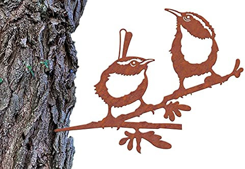 Illumino Baumstecker Metall Rost Gartendeko Zaunkönig Paar Vogel Deko für den Garten Baum Zaundeko