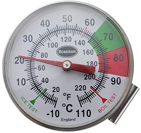 Dairy Thermometer with useful Pan Clip 130mm stainless steel for use in cooking, milk & coffee with coloured zones for ease of reading