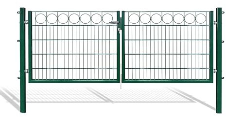 Doppelflügel-Schmucktor für Stabmattenzaun, grün oder anthrazit, verschiedene Höhen & Ausführungen wählbar - inklusive Pfosten und passenden Anschlussstücken (RING, H 100 x B 300, Grün)