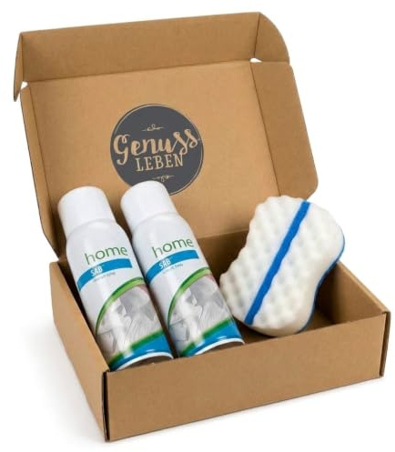 Genussleben® Box mit PreWash Vorwaschspray 2x 400 ml + Schmutzradierer | Kraftvoll gegen hartnäckige Flecken | Für helle & bunte Textilien | Ergiebige Vorbehandlung | Praktisches Set