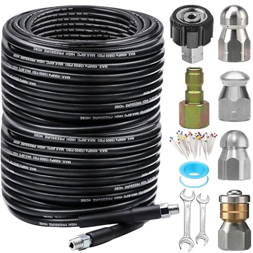 200FT Sewer Jetter Kit for Pressure Washer, 5800PSI Drain Cleaner Hose 1/4 Inch NPT Corner, Rotating and Button Hose Sewer Jetting Nozzle Pearl Corsage Pin Waterproof Tape with 2 Spanner