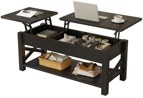 Rolanstar Coffee Table 47.2, 2 Way Lift Top Farmhouse Center Table with Hidden Compartment, Open Shelf & X Wooden Support for Living Room, Black