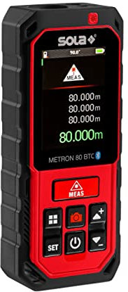 SOLA METRON 80 BTC - Laser-Entfernungsmesser 80 m - Laser-Messgerät – 14 Messfunktionen - Kamera mit eingebautem 4-fach Zoom - USB Schnittstelle - Bluetooth + App – Ni-Mh Akku – IP65