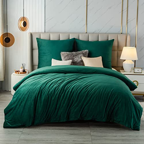 Soifox Ropa de cama de franela de invierno, 220 x 240 cm, color verde oscuro, mullida y cálida, funda nórdica y funda de almohada de 80 x 80 cm, con cremallera