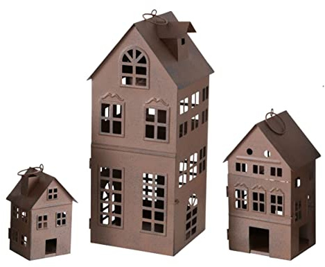 Spetebo Laterne Firenza 3er Set 35/21 / 13 cm zum Hängen oder Stellen - Edelrost - Metall Windlicht in Haus Form - Kerzenhalter Lampion Häuser für Innen und Außen im antiken Design