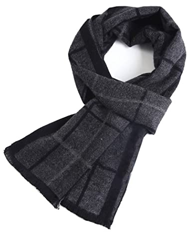 FULLRON Mens Winter Warm Scarf Long Soft Black Grey Plaid Scarves