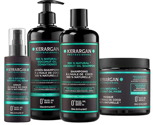 Kerargan - Hydrerande Set Schampo, Balsam, Mask & Serum med Kokosolja - Komplett Vård för Utorkat, Skadat Hår - Utan Sulfater, GMO, Silikon - 3x500 ml + 100 ml