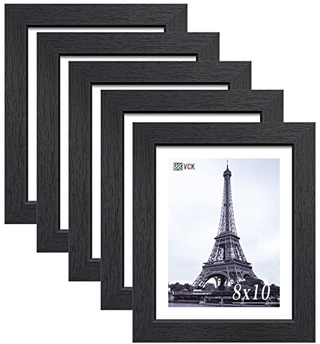 VCK 8x10 Solid Wood Picture Frame Set of 5,Textured Exclusive Black Picture Frames, Wall Hanging