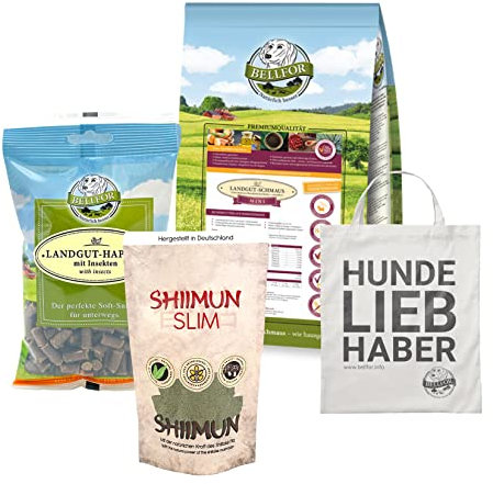 Bellfor Futterset für kleine, ernährungssensible Hunde – Landgut-Schmaus Mini Trockenfutter 1,2 kg + Landgut-Happen 200 g + Shiimun Slim 50 g + Jutebeutel