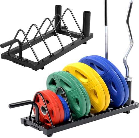 Yaheetech Supporto per Manubrio Rack di immagazzinaggio Mobile per Pesi Dischi Barre di Sollevamento con Maniglia di Trasporto e Ruote 4 Scomparti Fitness Gym Nero