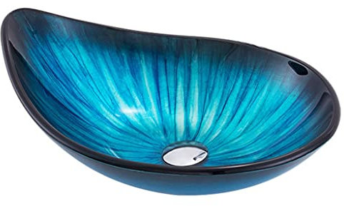 Badezimmer Modernes Badezimmer-Waschbecken Oval Künstlerisches Glas-Waschbecken Vanity Sink Bowl Blue Line Stripes Vessel Bowl Sink Ohne Wasserhahn