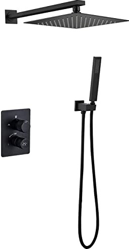 Shower System Digital Display Shower Faucet Set Concealed Shower Mixer Set with Brass Hand Shower and 25×25 cm Rainfall Shower Head Advanced Air Injection Technology Easy Installation,Matt black