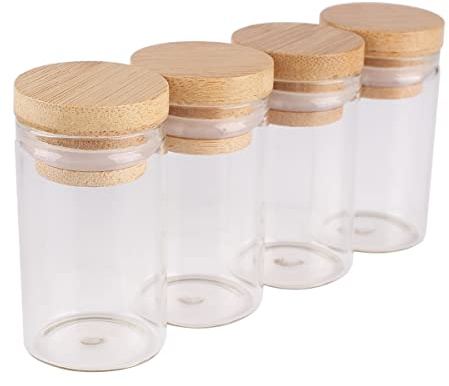 KERREY 5pcs 30mm 10-50ml Glass Bottles with Bamboo caps, Spice Jars, Wishing Bottles for Art Craft, 3cm (Diameter) x 3cm - 10cm (Height), Natural/Rustic