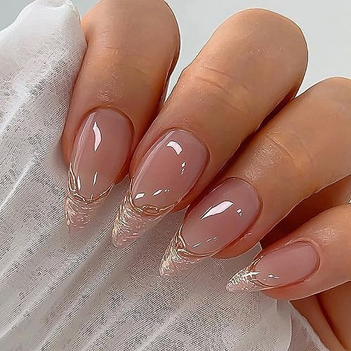 24Pcs Almond Press on Nails Medium, French Tip Nude Pink Fake Nails Glossy Glitter False Nails with Designs, Stiletto Gold Shiny Acrylic Full Cover Glue on Nail for Women and Girls