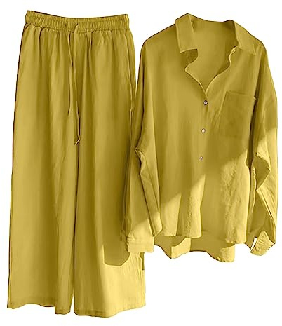 Tvådelad dräkt i ledig stil för damer, byxor och skjorta, bekväm outfit i retrostil, perfekt för vardag, plusstorlek, bomullstyg med knappar, hög midja, lös passform, fickor, byxdress, B-gul, XL