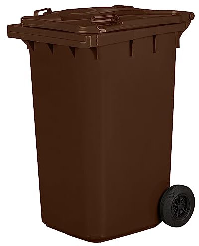 Cubo de basura PN-EN 840 de 240 litros, con ruedas, sistema de enganche para extracción mecánica, de plástico, color marrón