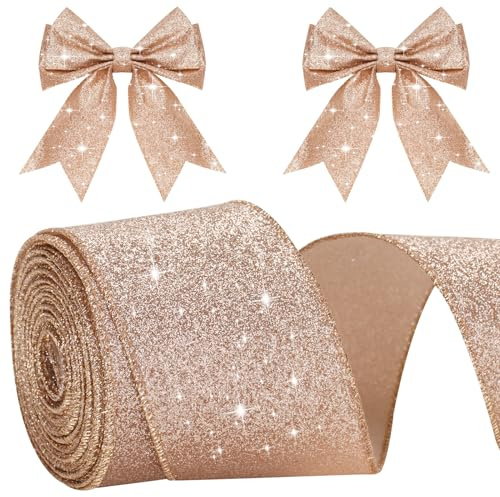 KINGLAKE Cinta de Navidad con alambre de oro rosa con purpurina, cinta metálica de 6 cm para envolver regalos, coronas, manualidades, árbol de Navidad y decoraciones de boda