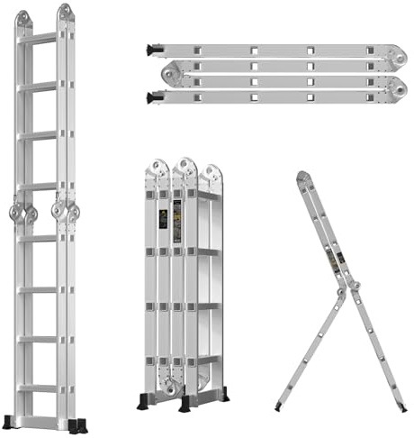 4.7M Folding Ladder, 15.4FT Aluminium Ladder, 14-in-1 MultiPurpose Ladder, Combination Step Ladder for Home DIY Building Use with Platform, Max Load 150kg/330lb