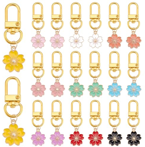 PH PandaHall Lot de 20 porte-clés avec fleurs en 10 couleurs, porte-clés avec pendentif émaillé avec fleurs de cerisier et glands en forme de fleur