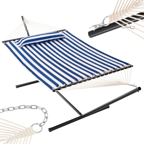BAKAJI Amaca da Giardino con Supporto a Brasiliana e 1 Cuscino Imbottito, Telaio Resistente, Solida Struttura in Acciaio, Capacità di Carico 200 kg, Ideale per Esterni ed Interni (Blu/Bianco)