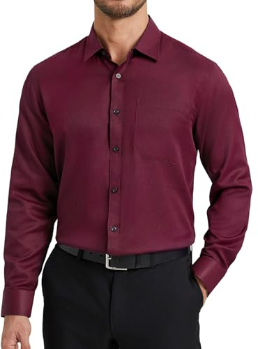 HISDERN Camicia Bordeaux Uomo Elegante Camicie da Uomo Manica Lunga di Cotone con Taschino Bottoni Regular Fit Formale Tinta Unita Matrimonio XL
