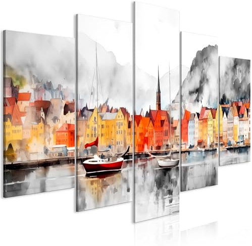 murando - Acoustic Canvas Wall Art Mountainn City 100x50 cm 5 pieces - Picture With Acoustic Foam Sound Absorption Print Image Artwork Room Acoustic Soundproofing Landscape Bay Mountain d-H-10005-b-c