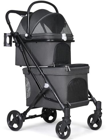 PJDDP Abnehmbarer Doppel-Hundewagen Für 2 Hunde/Katzen, 4-In-1-Haustierwagen, Tragbarer, Wasserdichter Haustier-Joggingwagen Mit Vier Rädern, Faltbarer Haustierwagen Für Reisen,Schwarz