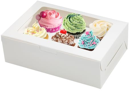 SUPERFA 20Pcs 6 Hole Cupcake Boxes with Window for Home Baking and Cake Shop (White)