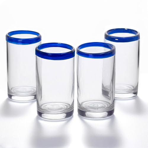 artisan accents Hand-Blown Mexican Glass Tumblers | Authentic Handcrafted 14oz Drinking Glasses | Cobalt Blue Rim | Perfect for Water, Juices, Soft Drinks or Beer (4)