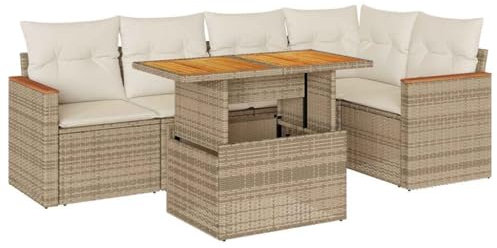 vidaXL 6-TLG. Garten-Sofagarnitur mit Kissen Beige Poly Rattan Akazie, Outdoor Sofagarnitur, Gartensofa Set, Lounge Set, Sofagarnitur Terrasse
