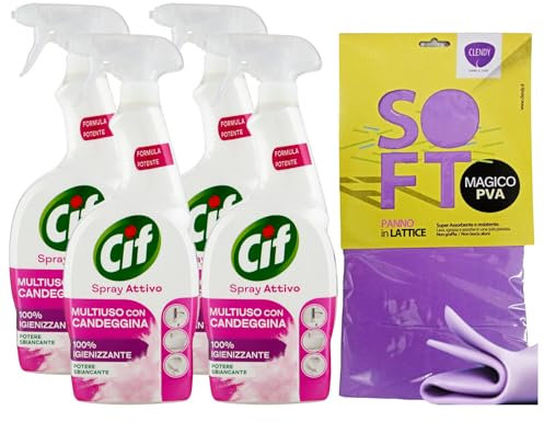 SET: Detergente Spray Attivo MULTIUSO Con CANDEGGINA, Potere Sbiancante, 100% Igienizzante 650ml + Panno In Lattice SOFT, Formato 30x30 (4 Spray+Panno Lattice)