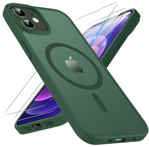 TQIAHF Magnetic Phone Case Cover for iPhone 12 / iPhone 12 Pro,Green | with 2 Tempered Glass Screen Protector Compatible with MagSafe Military Grade Shockproof Protective Slim Translucent Matte