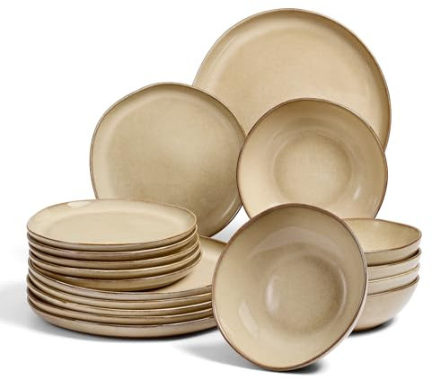 Onader Juego de vajilla para 6 personas, 18 piezas, juego de vajilla de gres, irregulares, redondos, platos de postre, antiarañazos y apto para microondas, color arena reactiva, color caqui