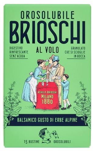 Orosolubile Brioschi al volo Erbe Alpine - 15 Bustine di granulato digestivo e effervescente, da usare senz'acqua - Al balsamico gusto di erbe alpine - per un sollievo gustoso ed istantaneo - 15g