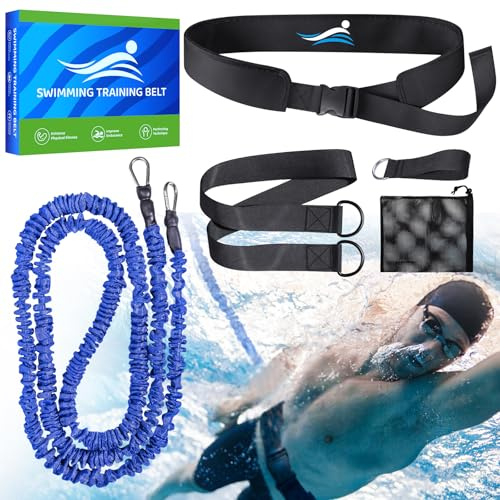 Swimming Training Belt - Swimming Aids for Adults, 8-25FT Adjustable Swimming Resistance Belt, Stationary Harness for Any Swimming Pool Without Counter Current System (Adults, Blue)