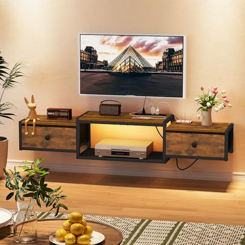 Snughome Floating TV Stand with Power Outlet 55, Wall Mounted Entertainment Center with LED Lights, Floating TV Shelf with Drawer, Wall Mounted Media Console Shelf for Living Room, Bedroom